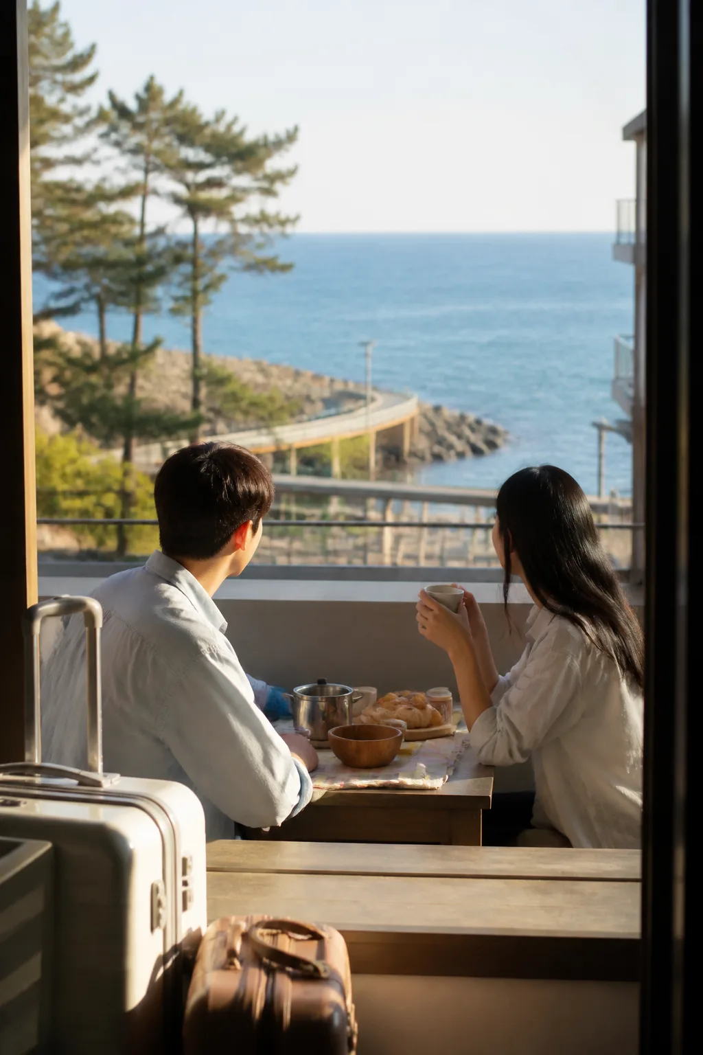 강릉펜션 객실 테라스에서 바다와 해안 산책 일정을 준비하는 여행 장면
