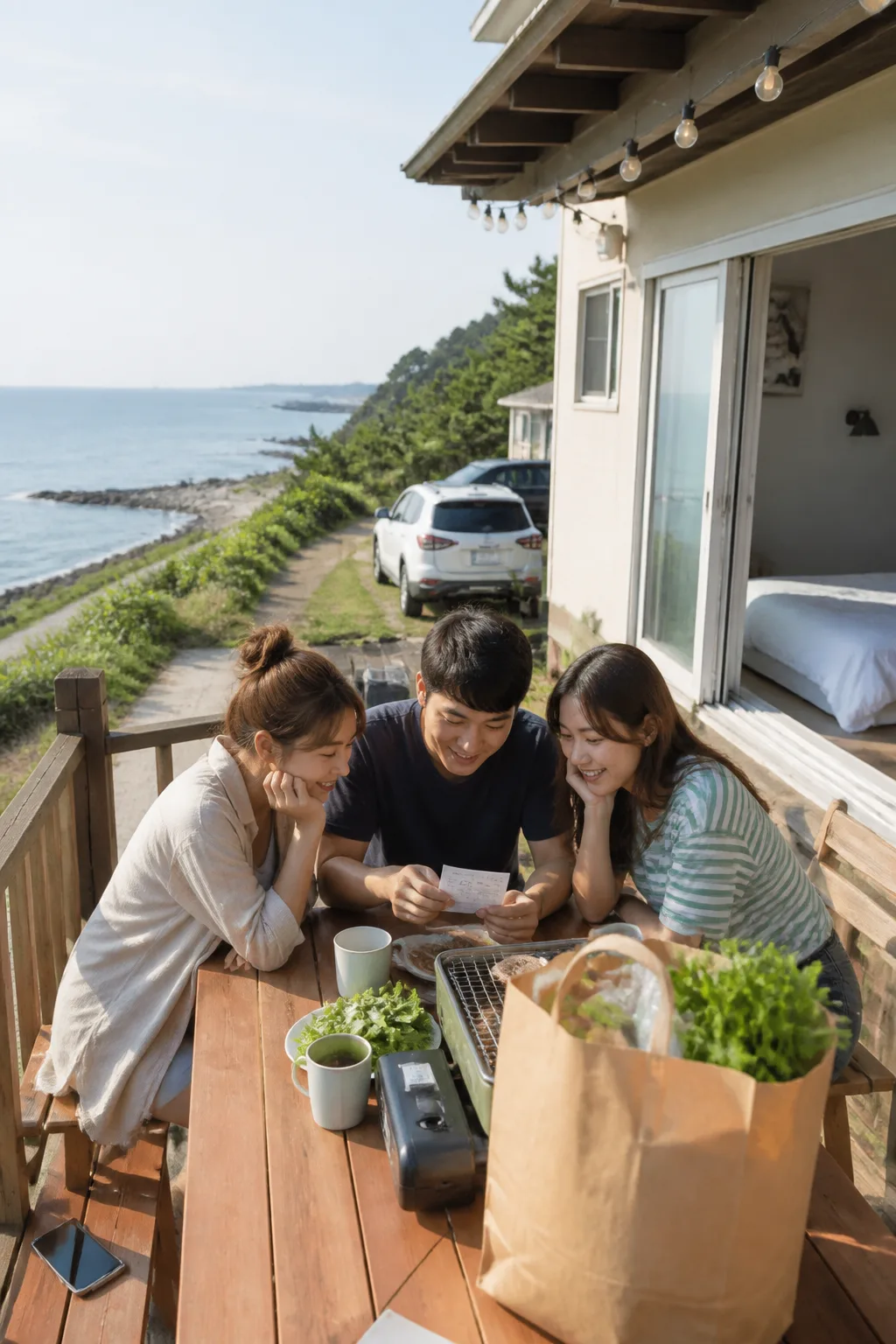 강릉 바다 앞 펜션 테라스에서 여행 비용을 정리하는 가족과 친구들
