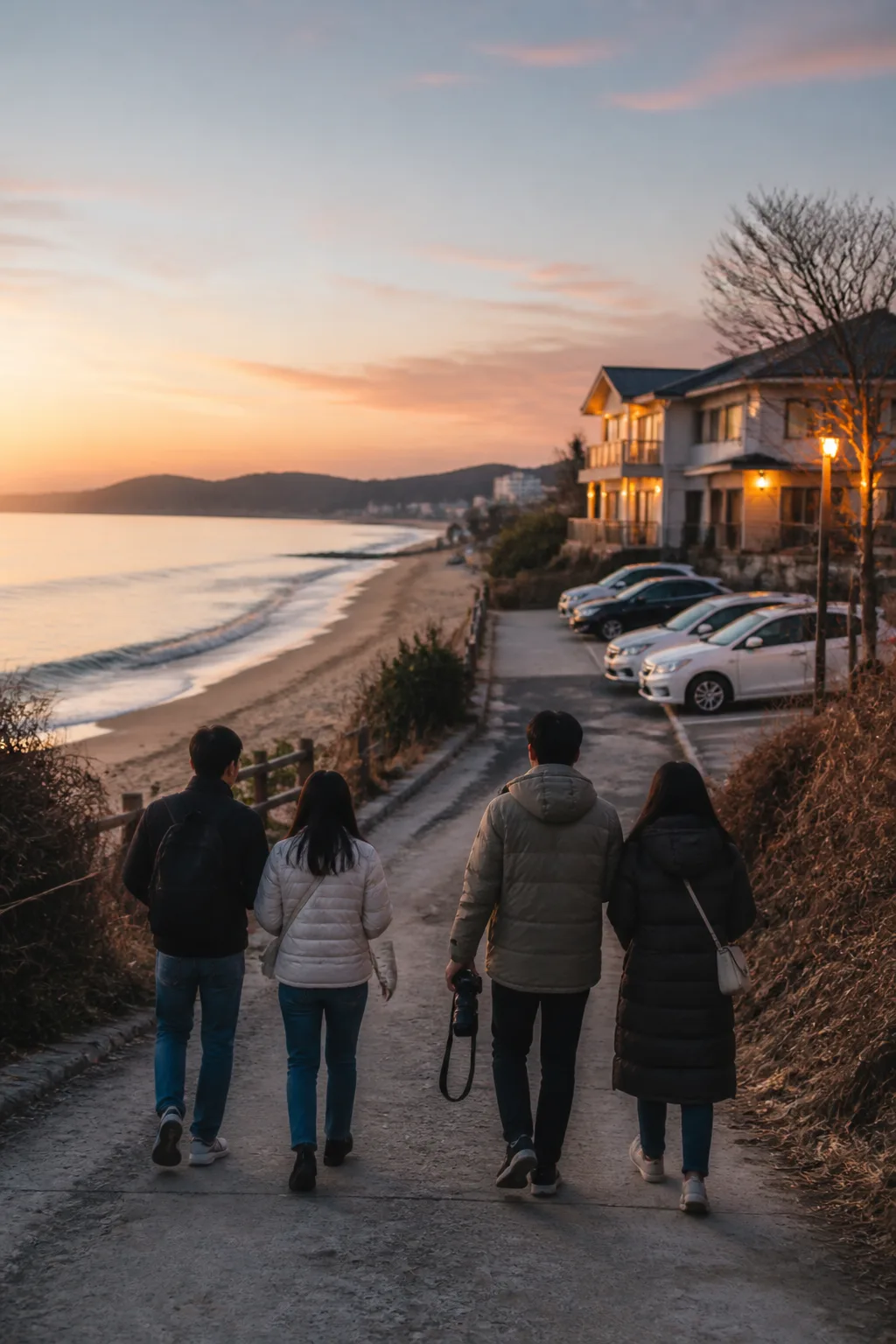 강릉펜션에서 해변으로 일출을 보러 이동하는 여행객과 동해안 풍경