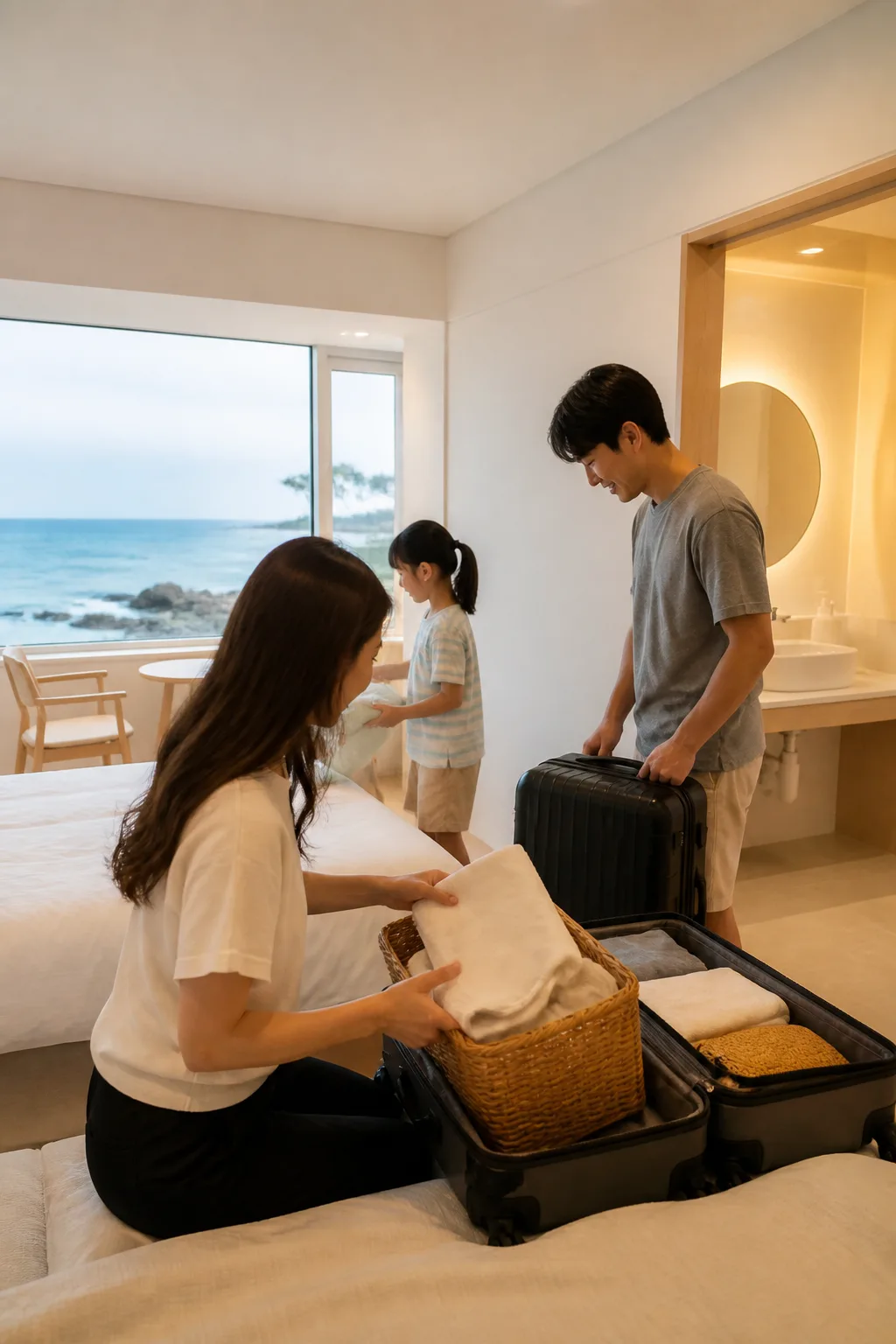 바다 여행 후 욕실과 세면 공간을 정리하는 강릉펜션 객실 모습