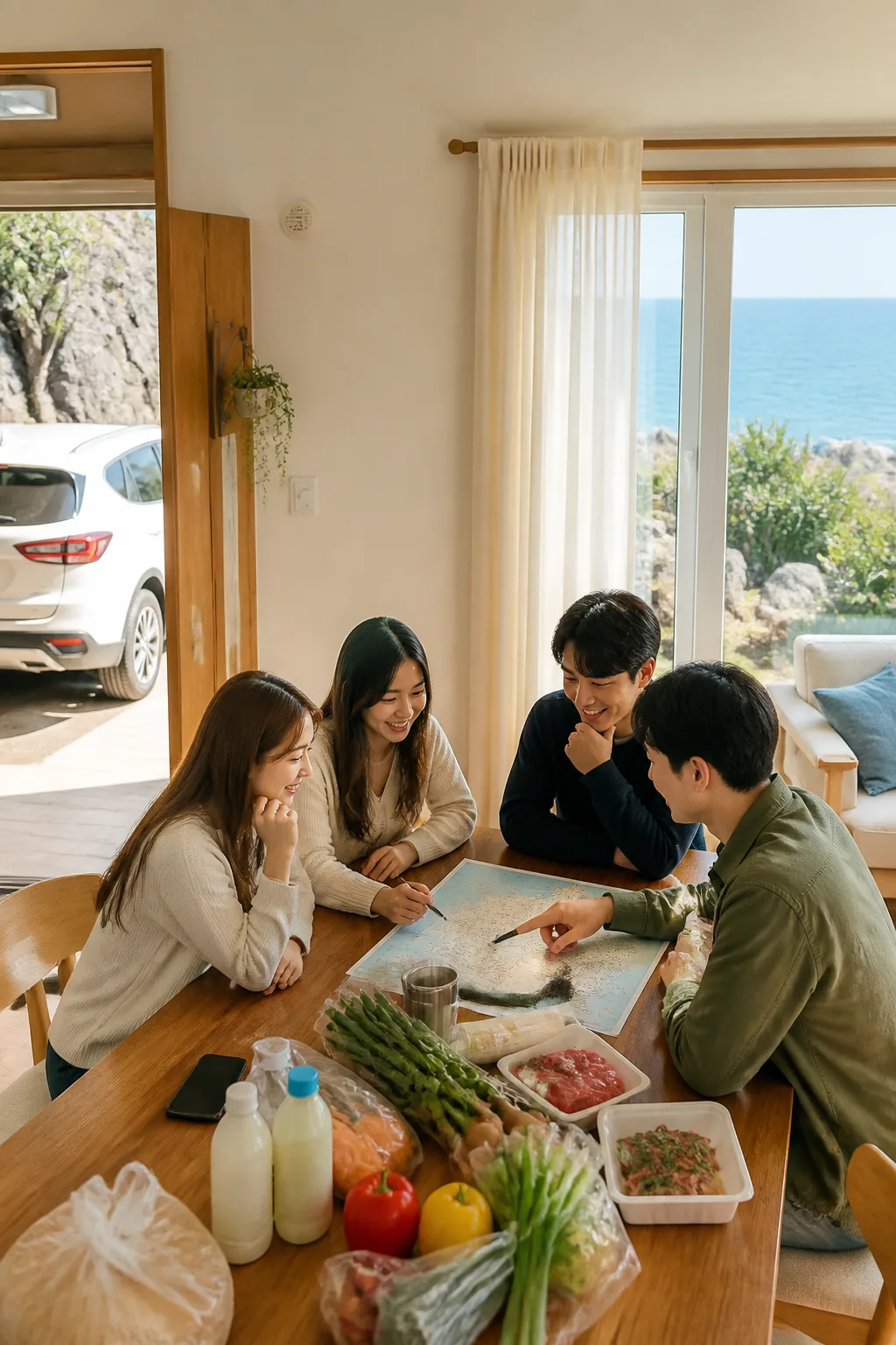 강릉펜션 거실에서 가족과 친구가 숙박 인원과 식사 계획을 확인하는 모습