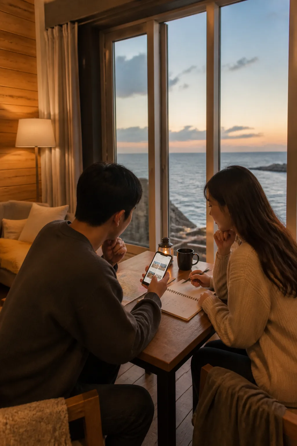 강릉펜션 예약 조건과 여행 일정을 확인하는 여행자와 동해 풍경