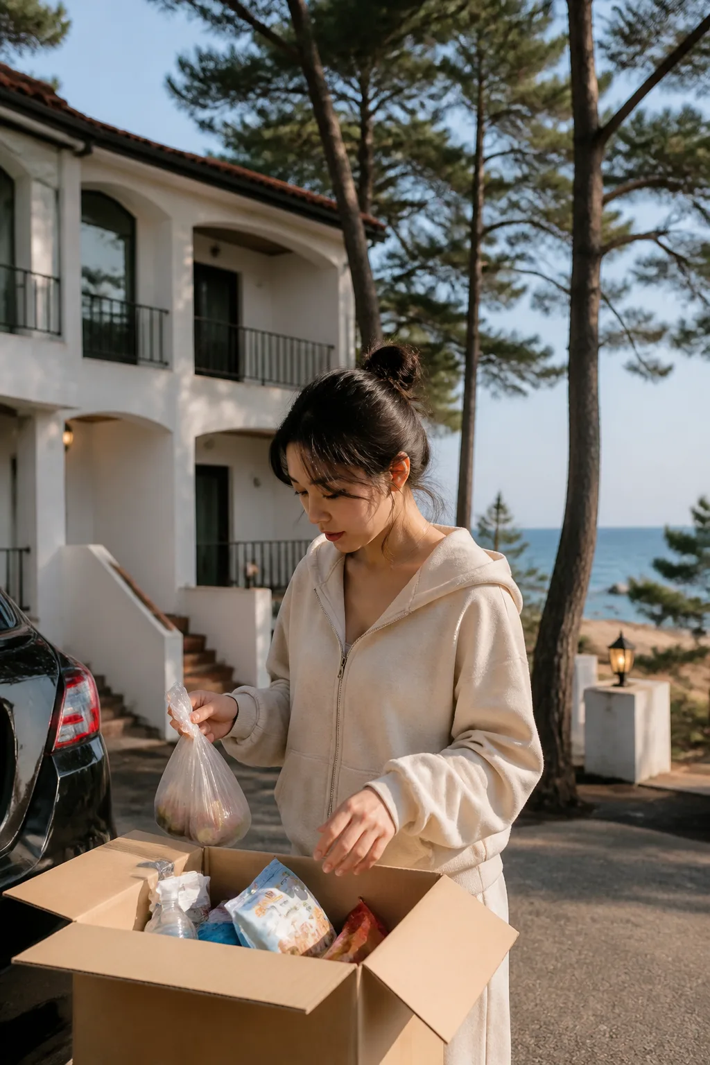 강릉펜션에서 장보기 배송 상자와 식재료를 정리하는 여행 준비 모습
