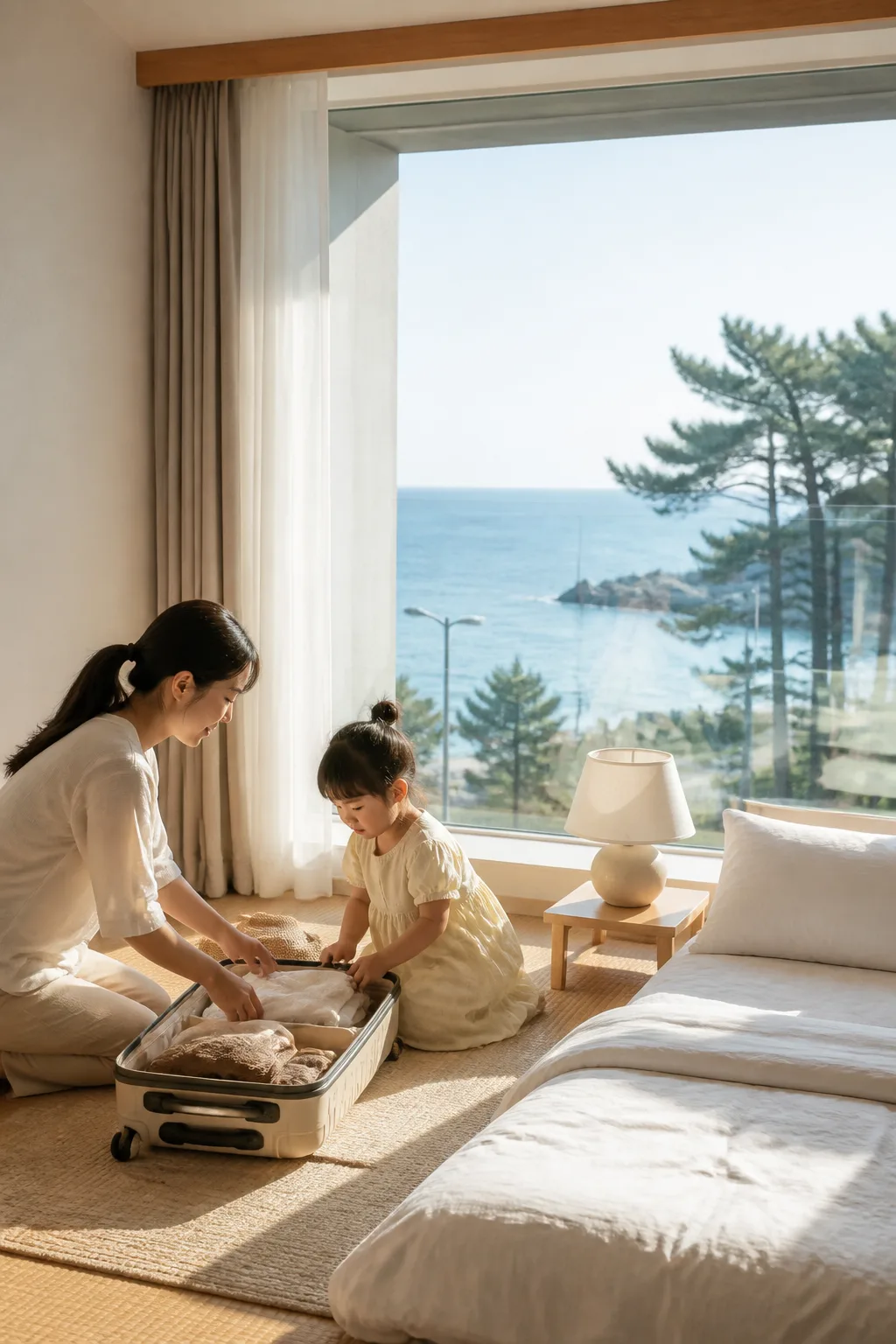 아이와 함께 강릉펜션 객실에서 해변 여행을 준비하는 가족
