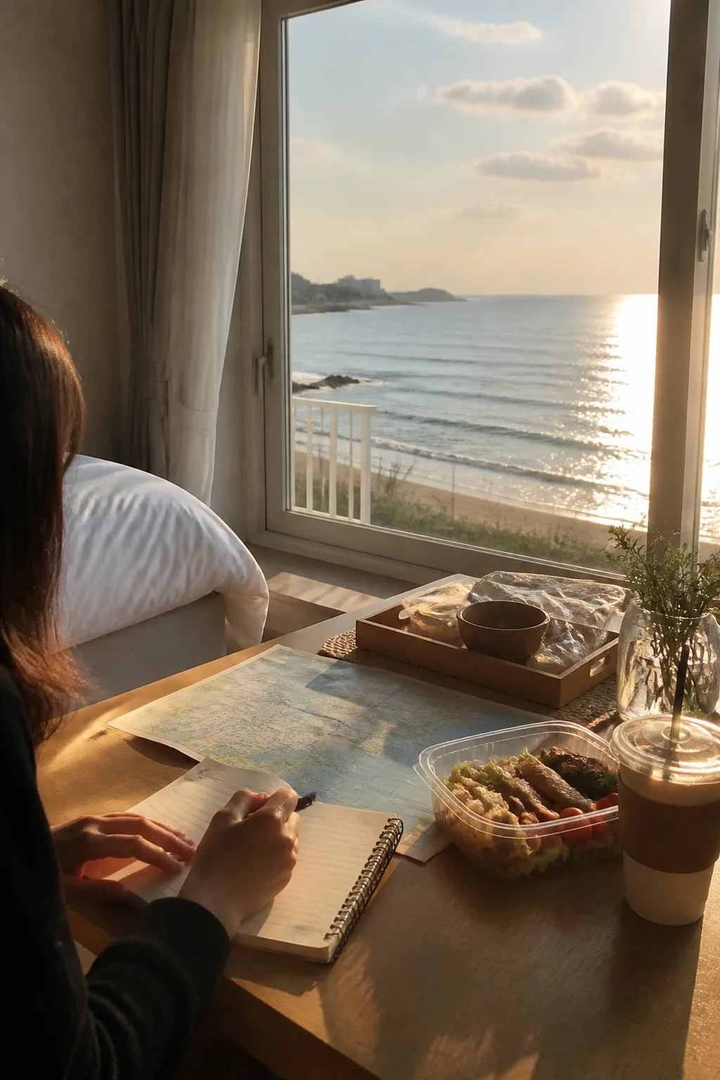 바다를 바라보는 강릉펜션 객실에서 카페와 식사 일정을 준비하는 여행 장면