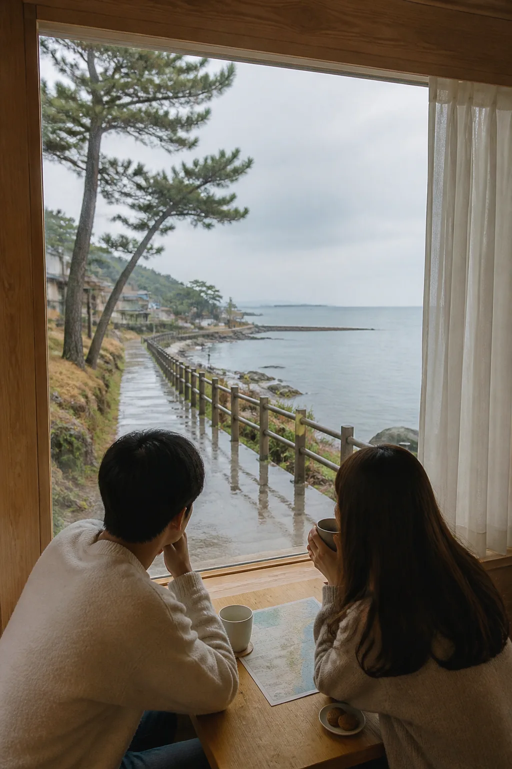 비가 갠 강릉 해안과 창가 휴식 공간을 담은 강릉펜션 여행 장면