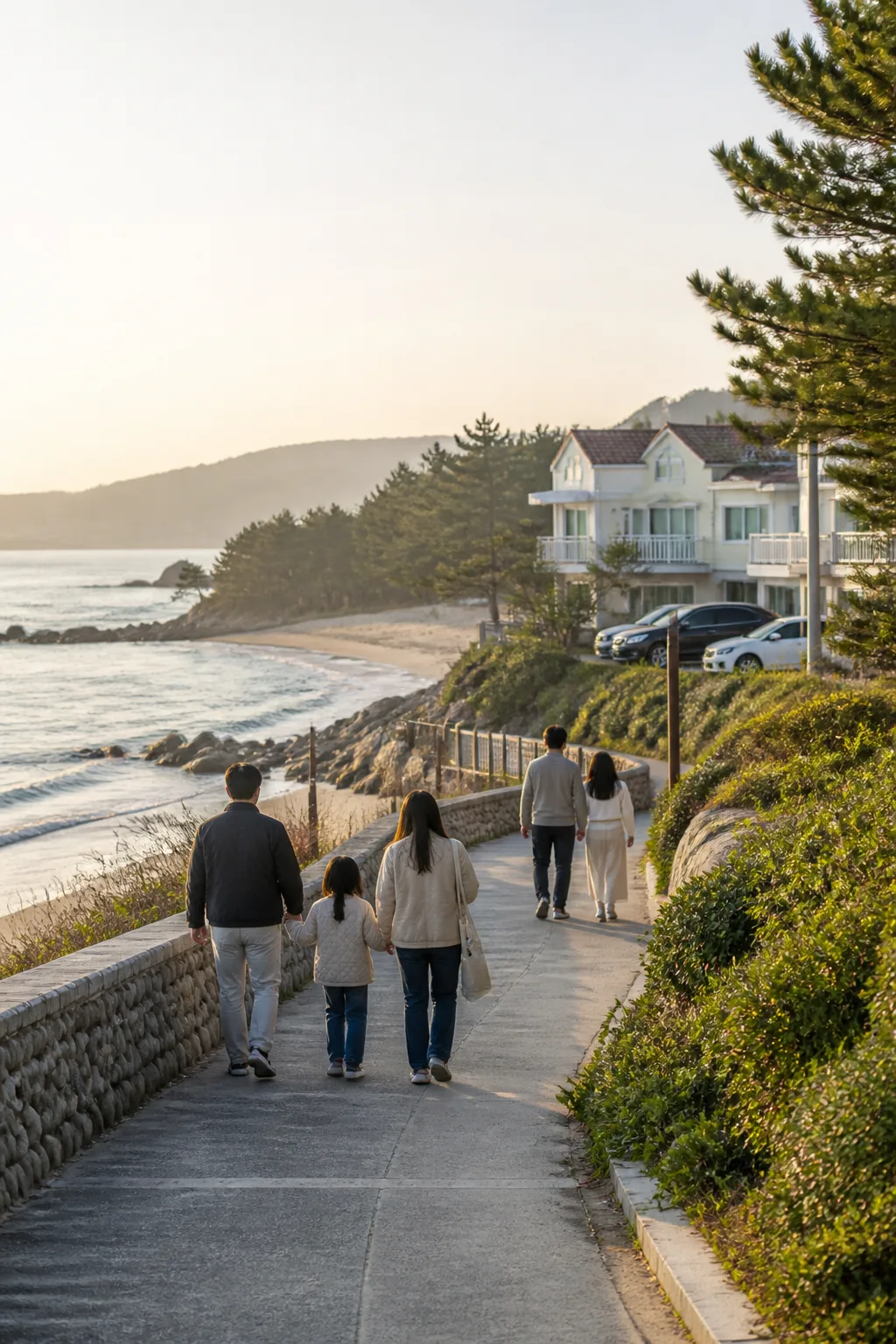 강릉펜션 주변 해변을 산책하며 바다와 숙소 이동 동선을 살펴보는 여행 장면