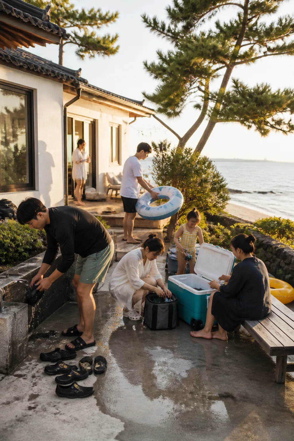 강릉펜션 테라스에서 해변 장비와 젖은 짐을 정리하는 여행객들