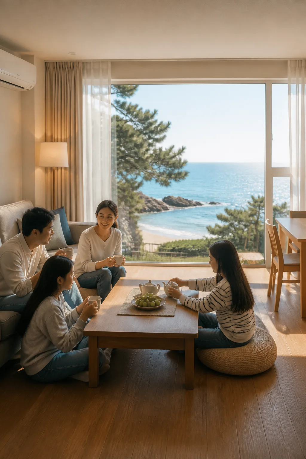 바다 산책 후 편안한 객실에서 쉬는 강릉펜션 여행 장면